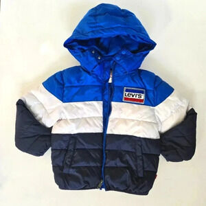 Levis Boys Full Zip Puffer Jacket Size Large Multi-Blue Hooded 5-6 YRS